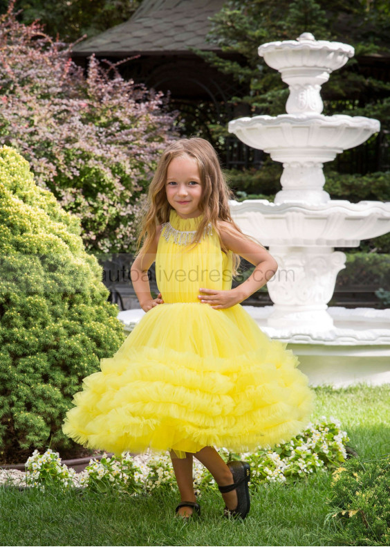 Beaded Yellow Tulle Ruffled Tea Length Flower Girl Dress